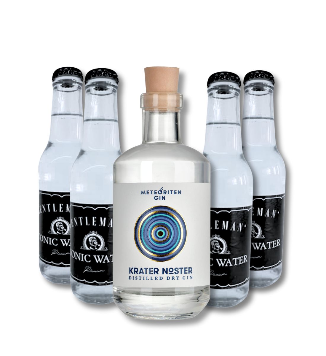 Gin Set als Geschenk für die Herstellung von Gin Tonic bestehend aus 1 kleinen Flasche Gin und 4 Flaschen Tonic in Box.